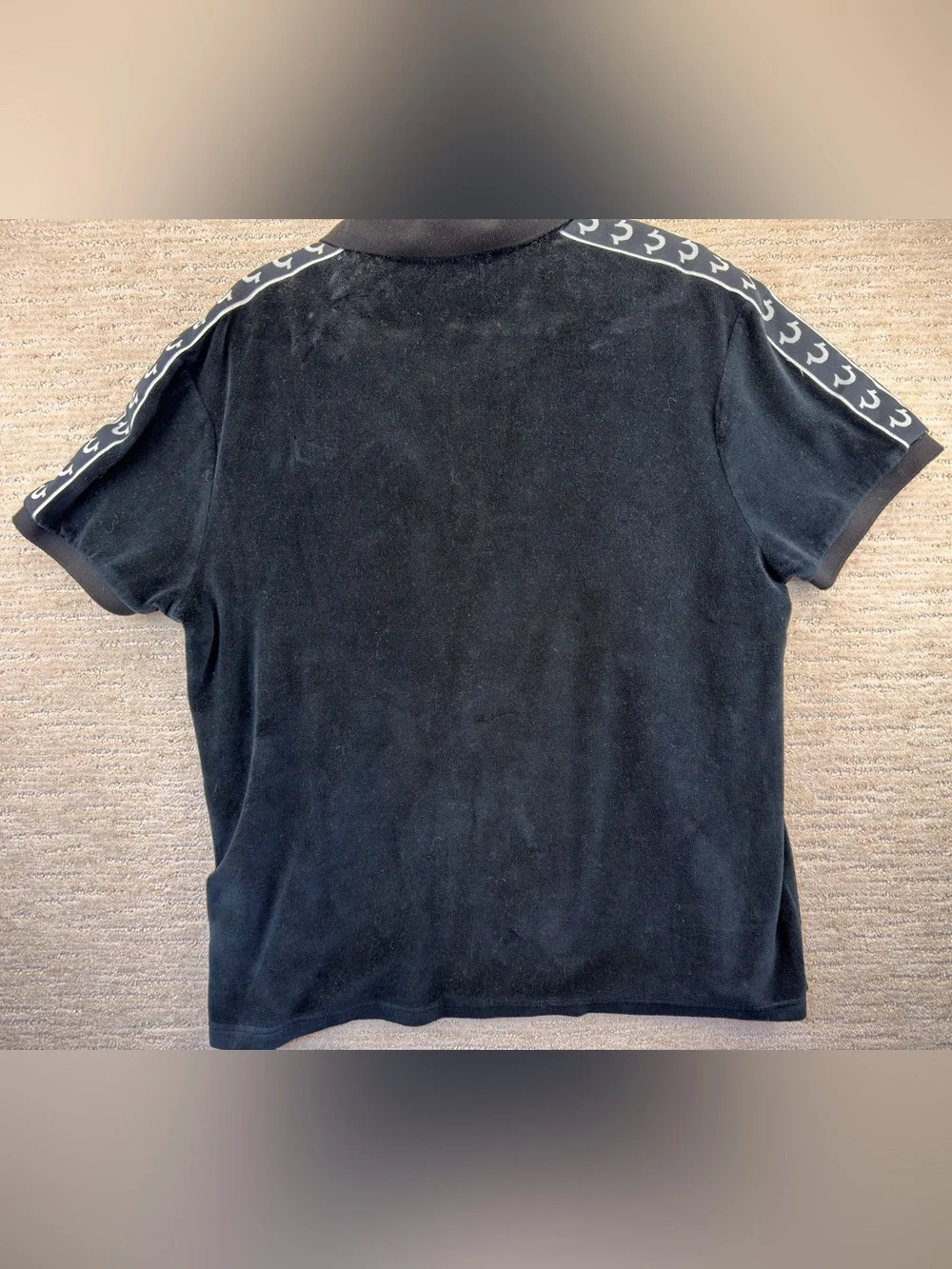 Like New True Religion Black Terry Cloth Polo Logo Tape Short Sleeve Shirt